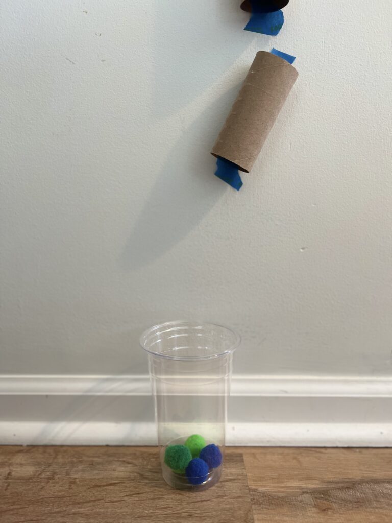 A close up of the picture next to it. It is a close up one of the toilet paper rolls to the wall and the cup on the ground with blue and green balls at the bottom of the cup.