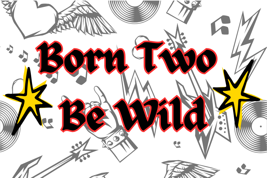 Graphic of the words "Born Two Be Wild" in black and Red Centered in the middle. On either side of the word are yellow stars. The ground is faded with guitars, music notes, albums, and rock and roll hand signs.