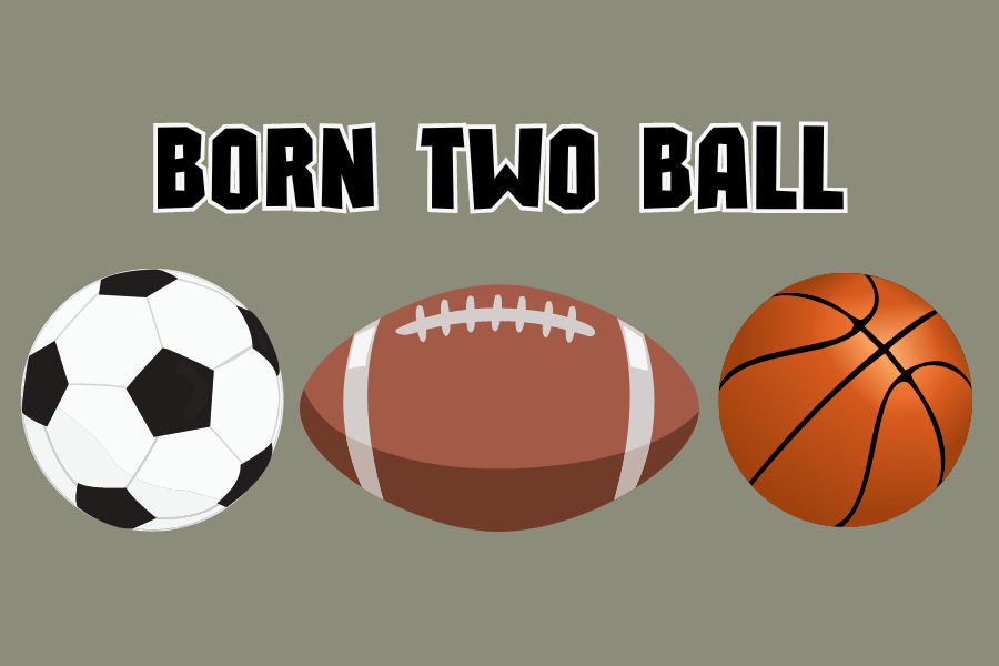 Graphic of a soocer ball, football, and basketball all lined up in a row with a green background. With the words "Born Two Ball" above the different balls.