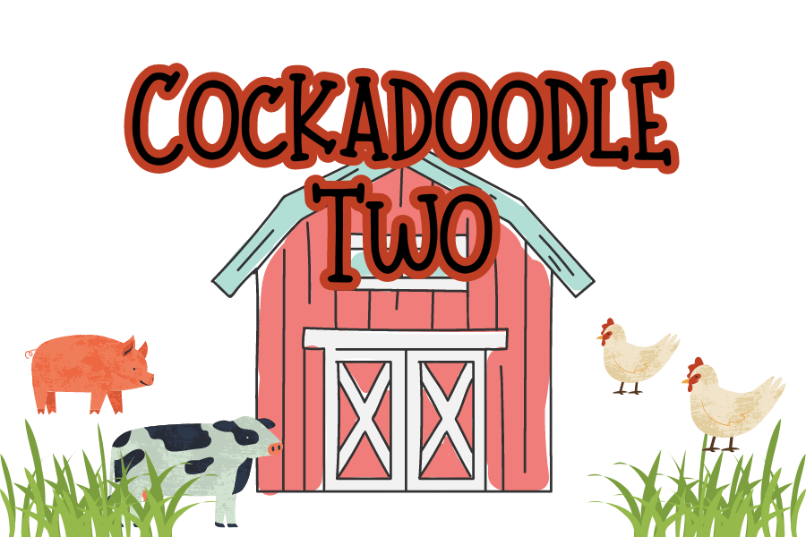 Illustration of a red barn with a pig, cow, and two chickens in front. The text "Cockadoodle Two" is prominently displayed above the barn.