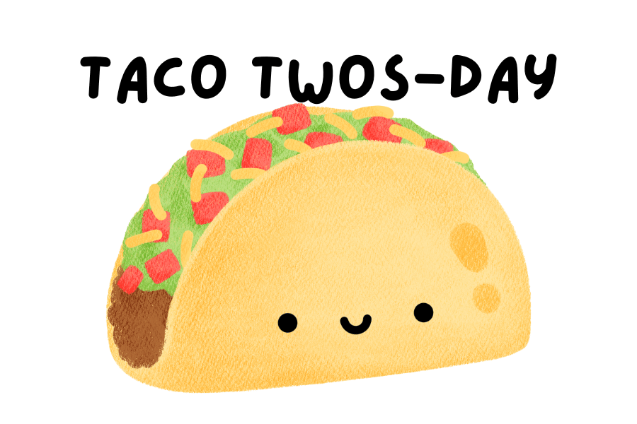 A graphic of a taco with a two eyes and a little mouth. Centered above the taco are the words "Taco Two-Day".