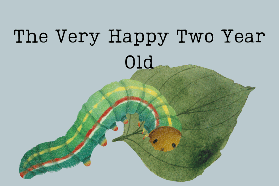 A graphic of a green caterpillar on a green leaf with the words "The Very Happy Two Year Old" above the caterpillar with a blue background.