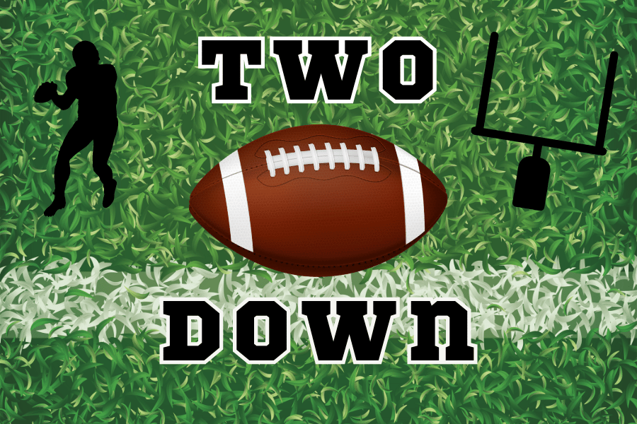 The graphic is a rectangle with a green turf background with a white painted line going across the bottom.
In the top center is the word "TWO" and the bottom center is the word "DOWN" and big brown football right in the center. The right upper corner of the image is a black goal post and in the left upper corner is a all blacked out football player getting ready to throw a football.