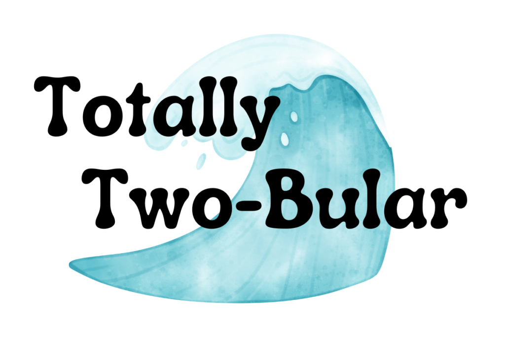 The background is white with a large blue surf wave centered in the middle. The words "Totally Two-Bular" are centered in the middle.