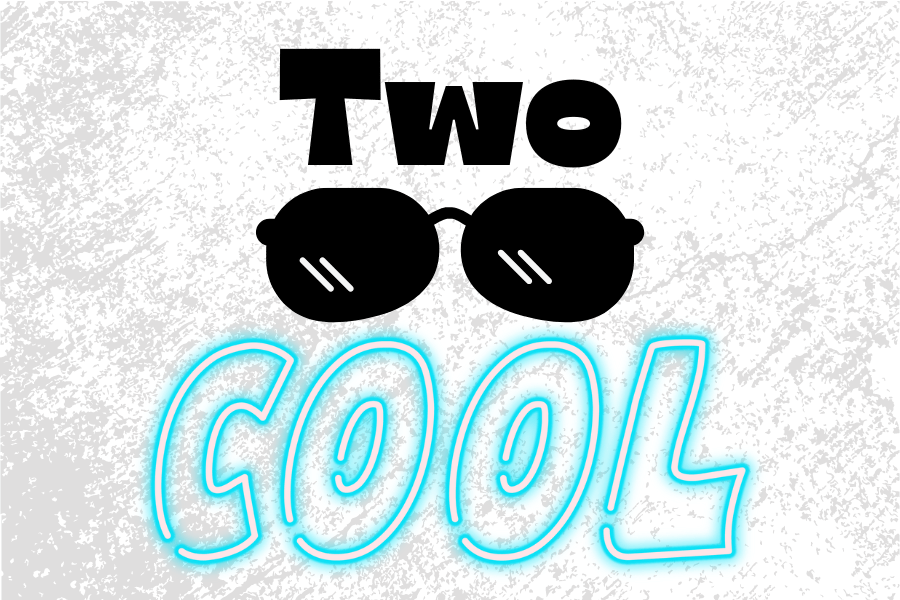 The graphic is rectangle with a white and gray concrete look background. In the top center is the word "Two" in black with an image of black sunglasses right below it. Below the sunglasses centered at the bottom is the word "COOL" in a bright blue with a neon look to the word.