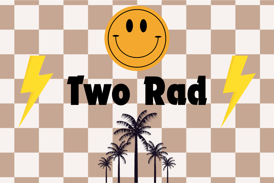 Graphic with the background of brown and white checker board pattern with a line of 5 black palm trees centered at the bottom and a yellow smiley face centered at the top. The words "Two Rad" are centered between the trees and face. On either side of the words are a yellow lighting bolt.