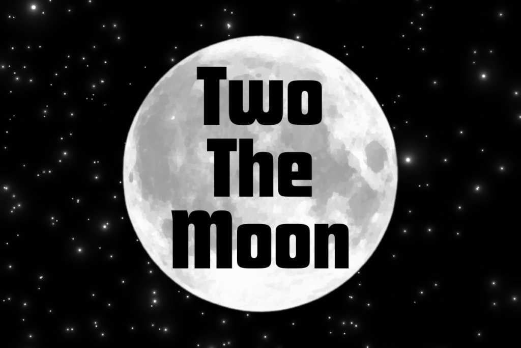 The background is a stary night sky with a large moon centered in the middle. Centered in the middle of the moon are the words "Two the Moon".