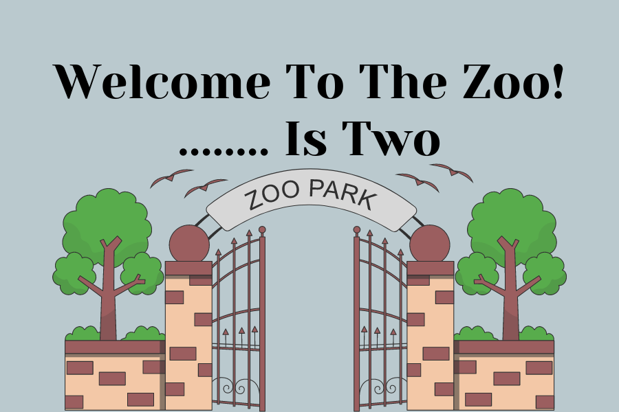 Graphic of the front gates of a zoo with the words "Zoo Park" arching over the gates. Above the gates are the words "Welcome To The Zoo! ........ Is Two" 